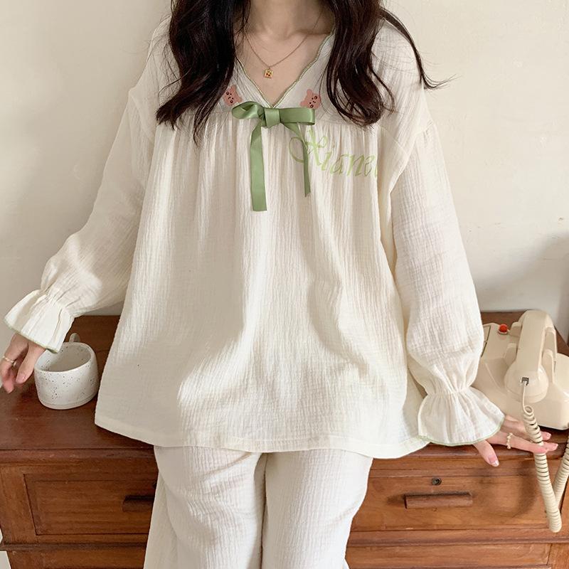 Хлопковые пижамы для женщин с принтом, корейская милая повседневная одежда для сна для девочек с v-образным вырезом и длинными рукавами, кавайная осенне-зимняя одежда для сна, шикарная трендовая одежда