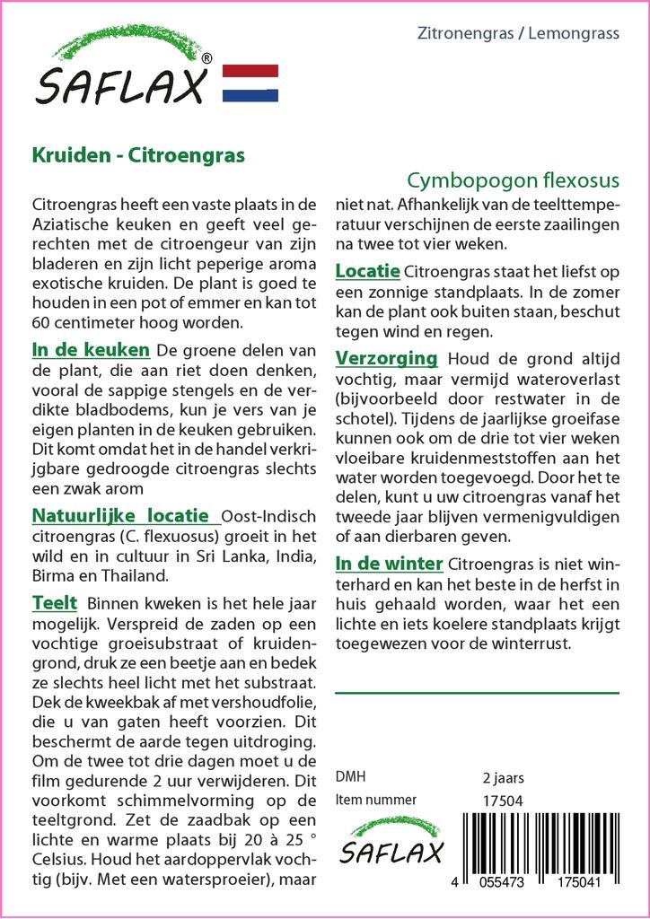 SAFLAX Garden in the Bag - Лемонграсс - 50 семян - С субстратом в подходящем пакете - Cymbopogon flexosus