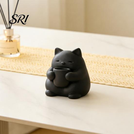 Декор Кошка Мини Милая Фигурка 3D Печать Пьющая Чай Статуэтка Исцеляющий Орнамент Маленький Настольный для Гостиной Спальни Офиса Полки Черно-Белый