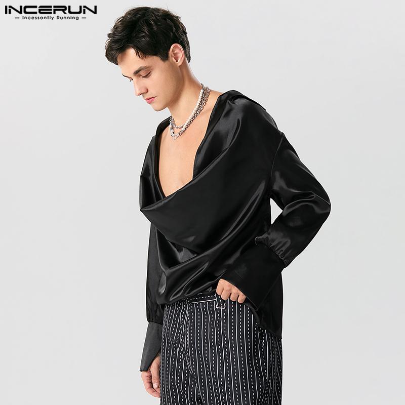 INCERUN Swinging Collar Men Hollow Out Long Sleeves Satin Tops