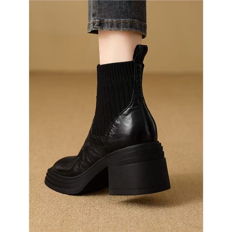 Fashion 2026 Winter Knitted Stretch Boots Women Luxury Genuine Leather Splicing Design Ankle Boots Comfortable Warm Sock Botas for Women