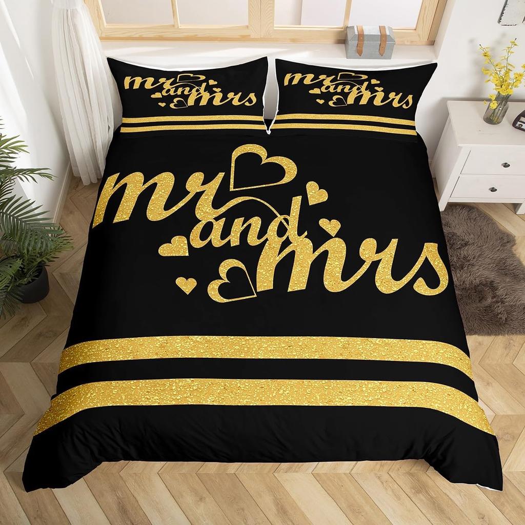 Комплект постельного белья Mr Mrs из микрофибры с романтическим свадебным мотивом, пододеяльник King на День святого Валентина, забавные цитаты, сердечки, пододеяльник