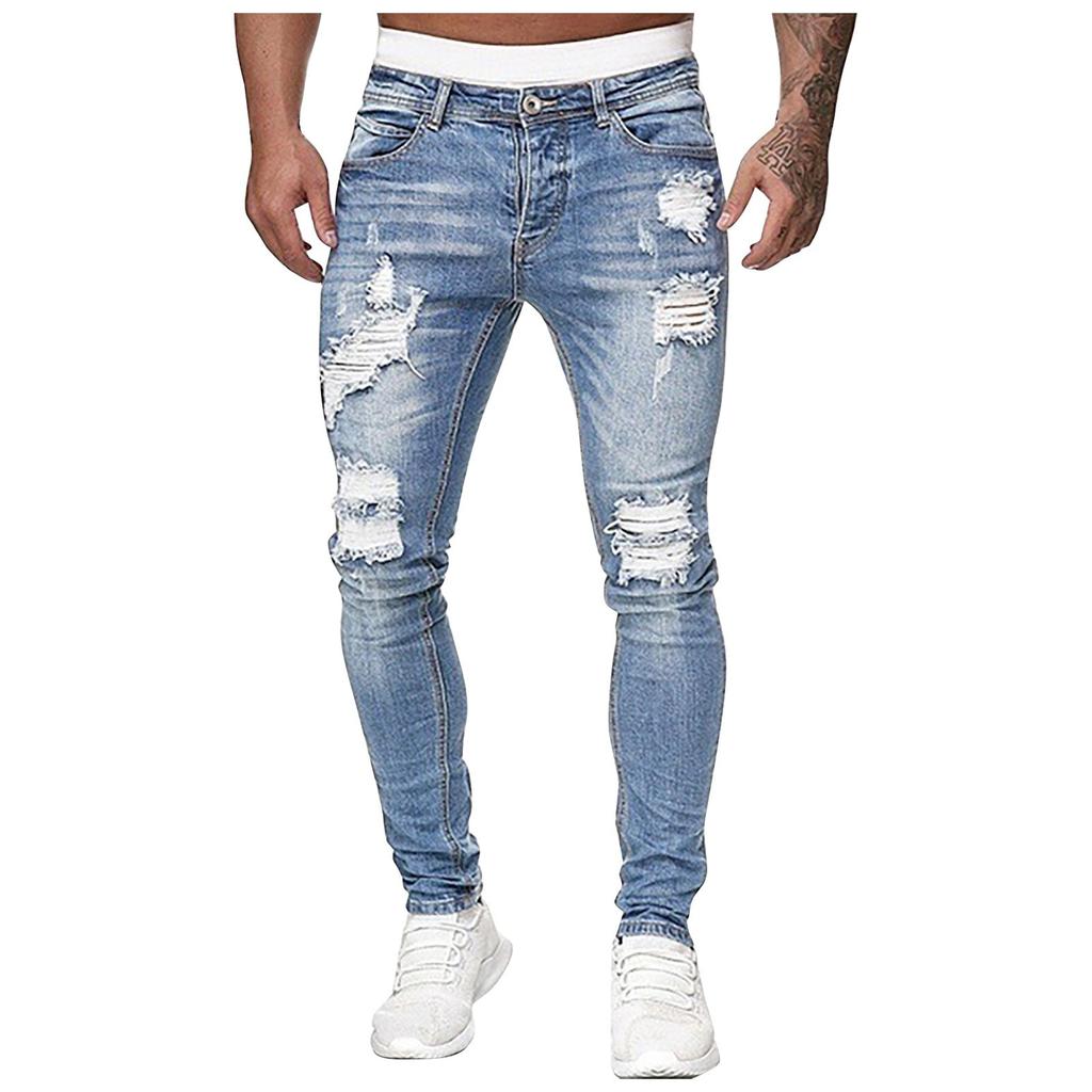 Men Jeans Solid Color Ripped Holes Frayed Gradient Washed Trousers