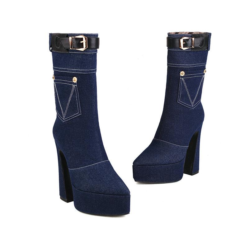 Женские полусапоги, джинсовая обувь, туфли на высоком каблуке, женские сапоги до середины икры