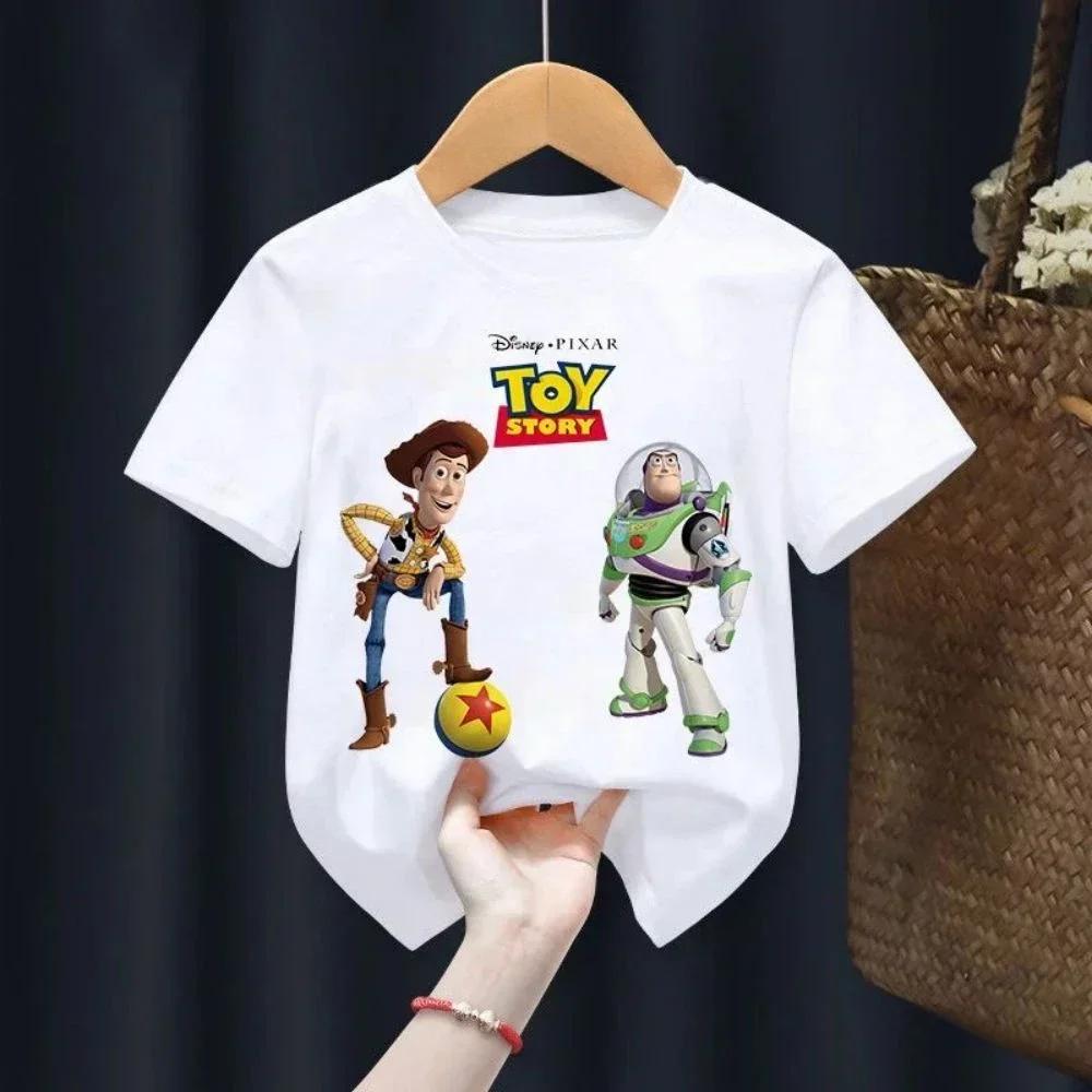 Летняя футболка Toy Story для детей Вуди Базз Лайтер Одежда Кавайи С коротким рукавом Аниме Мультфильм Дети Мальчики Девочки Повседневная футболка Топ