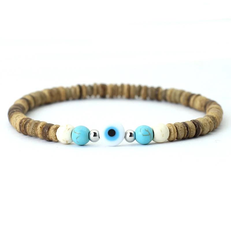 Богемный турецкий браслет «Злые глаза» унисекс, винтажный браслет из натурального дерева, кокосовые бусины, браслет для медитации, аксессуары для отдыха