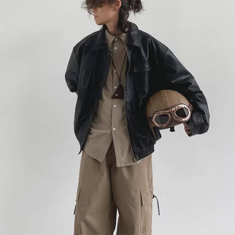 Унисекс ретро японский стиль свободная куртка из искусственной кожи мотоцикла