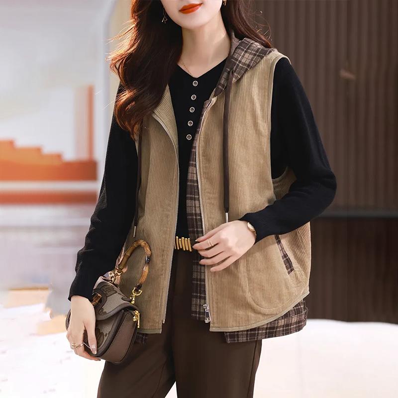 Hooded Vest Jacket Women's Spring and Autumn Zipper Solid Color Pockets Outside Sleeveless Tops