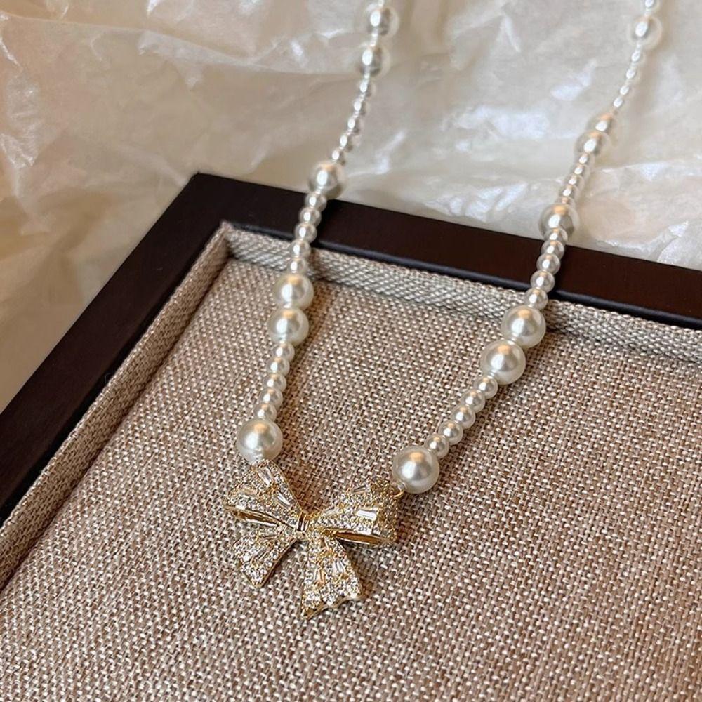 Pearl Silver Bowknot Necklace Pendant Simple Pendant Chain Temperament Bow Necklace Pendant Daily
