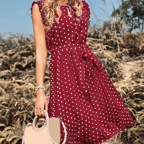 МОДА Женское платье с принтом в горошек, поясом, плиссированным подолом, круглым вырезом, рукавами-крылышками спереди, мини-платье