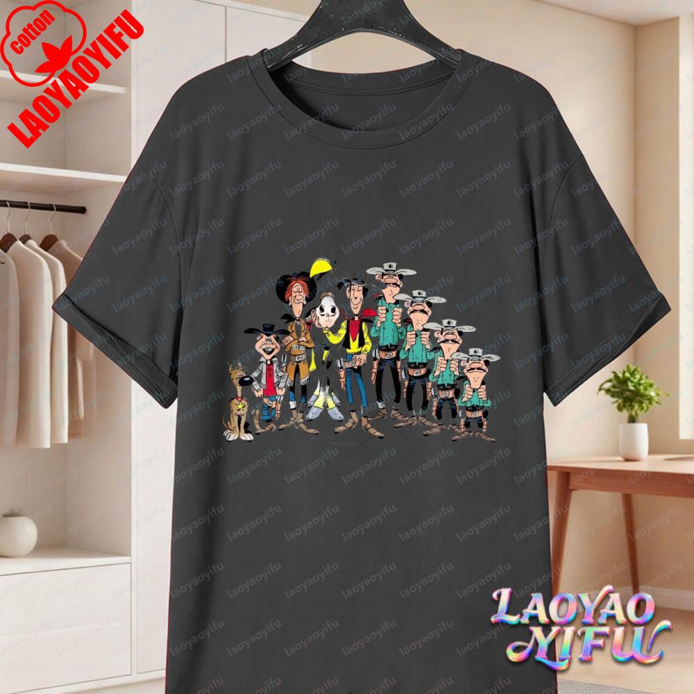 Classic Lucky Luke Cast Print Casual Tops Retro Western Animation Cotton TShirt Summer Casual Wear for Unisex Women Trendy Tee
