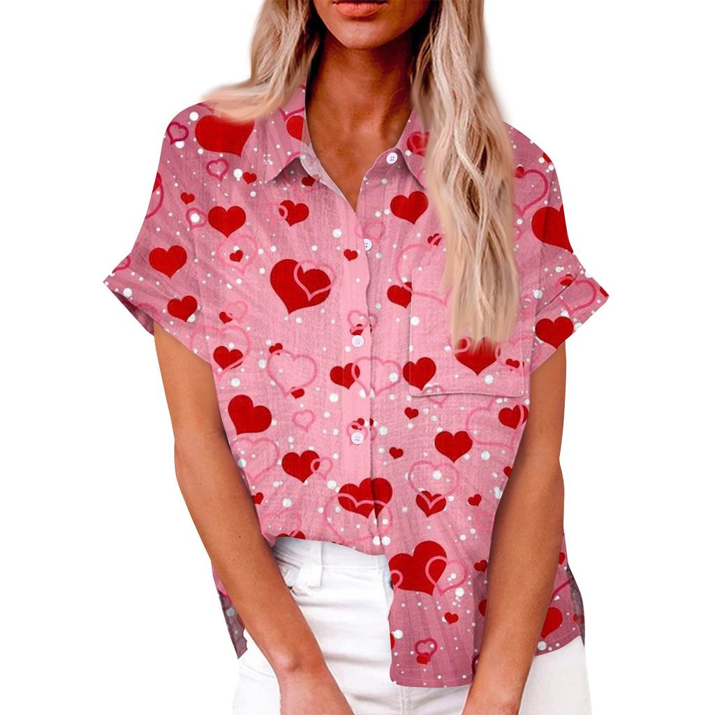 Женская свободная повседневная рубашка с короткими рукавами и отворотом с цифровым принтом и карманом
