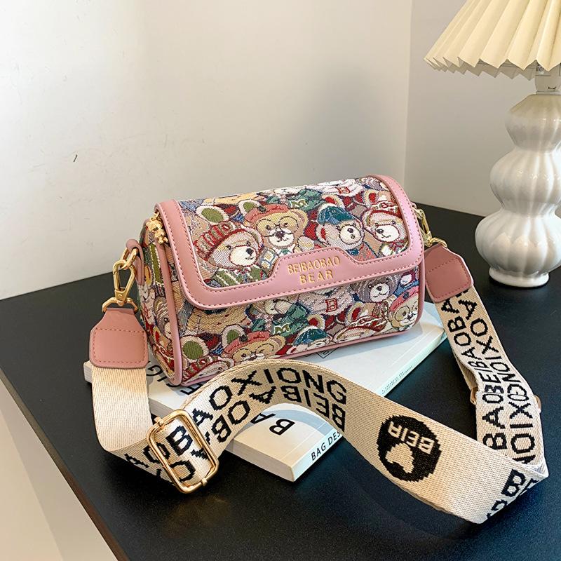 Beibaobao Cartoon Bear Contrast Messenger Bag - 2024 New Fashion Shoulder Bag for Women