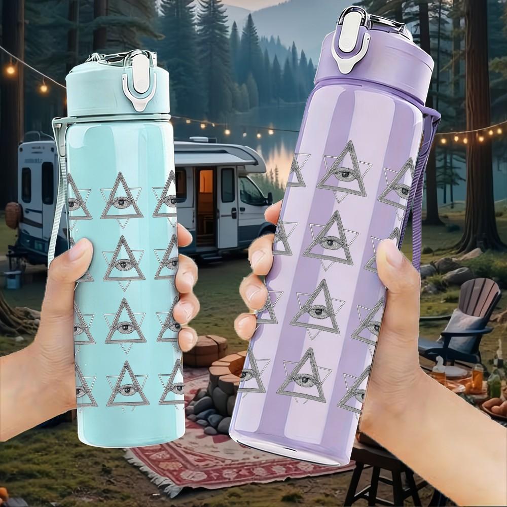 1PC Grey Triangle Repeat Pattern 750ml Color Plastic Sports Water Bottle Leakproof Flip Straw Lid Suitable for Sports Office Home Use