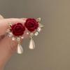Geometric Wine Red New Year Earring Vintage Autumn Winter Earring Rose Pearl Ear Studs  Women