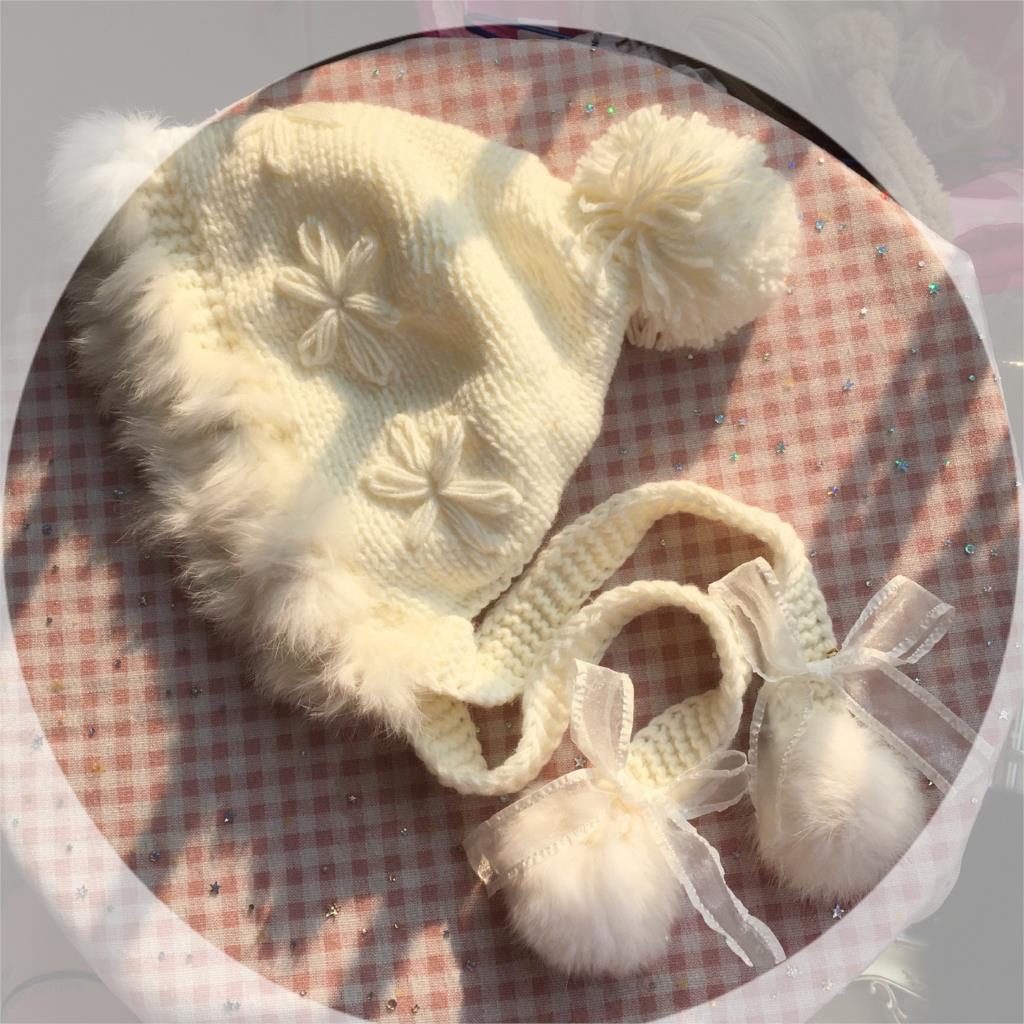 Hat Soft Lolita Element Autumn and Winter Warm Rabbit Fur Ear Protection Hat Knitted Wool Hat Cute Fur Ball