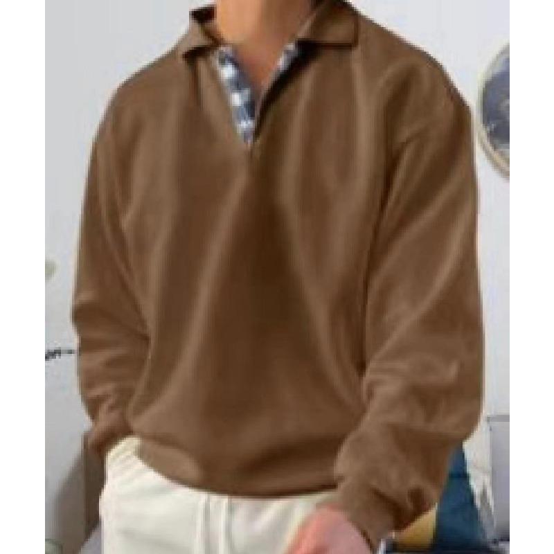 Men Casual Loose Long Sleeve Turn Down Collar V Neck Pullover Sweatshirt