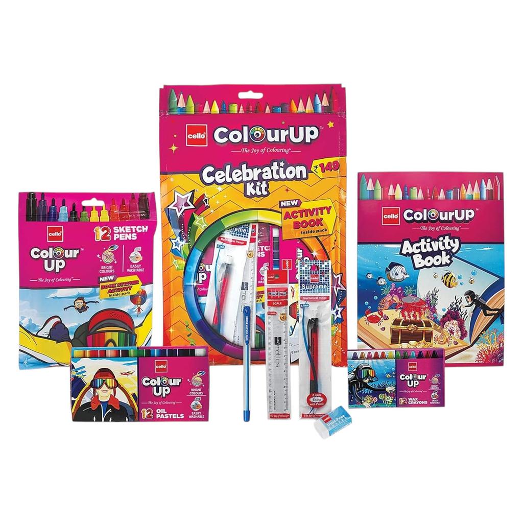 Cello ColourUp Celebration Kit Gift Pack with 10 Wax Crayons, 12 Oil Pastels, 15 Mini Sketch Pens & Activity Book for Kids, Pack of 2