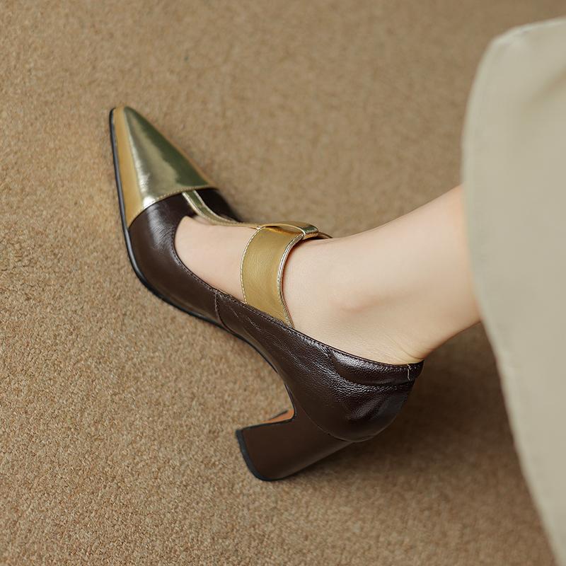 2024 Весна Мэри Джейн Женские Туфли Туфли-лодочки с острым носком и толстым каблуком Туфли из натуральной кожи для женщин Элегантные туфли на высоком каблуке с пряжкой