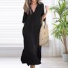 Summer Dress Three-quarter Sleeves Side Slit Loose V Neck Midi Dress with Pockets Solid Color Pleated Pullover Calf Length Casual Dress