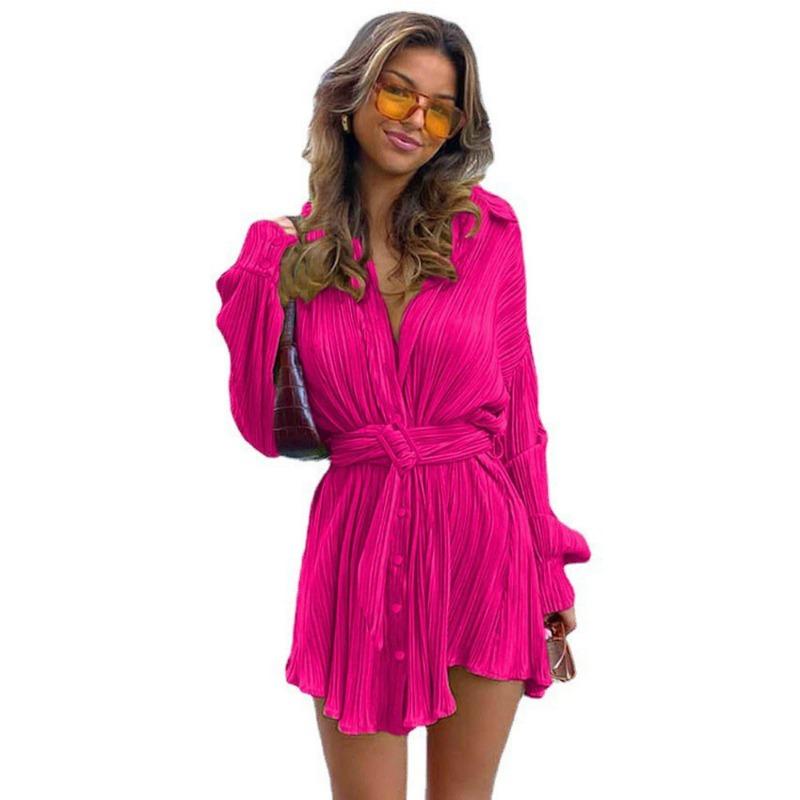 Autumn Pleated Long Sleeved Shirt Style Belt Casual Fashion Dress for Women Casual Dresses