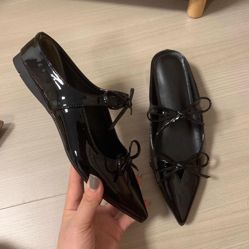 Double Bow Half Drag Inner Height Increase 5cm Small Mary Jane Single Shoes Pointed Patent Leather Half Drag Fashion Versatile