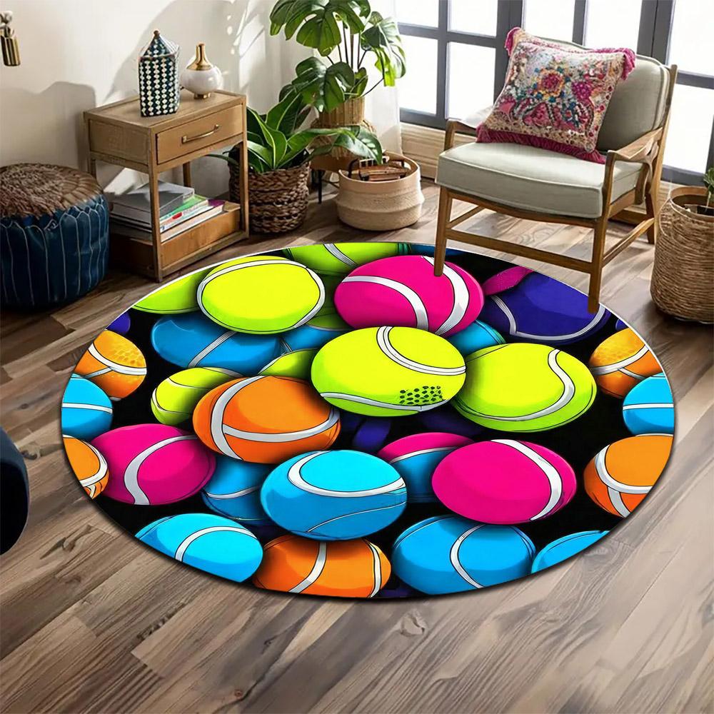 Colorful Tennis Balls Pattern Print round rug, living room, bedroom, playroom carpet, non slip floor mat, gift