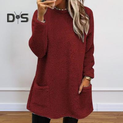 Женская зимняя толстовка с двумя карманами, однотонная плюшевая круглая горловина, свободный пуловер средней длины, повседневный свитшот для офиса, вечеринки, тренировок