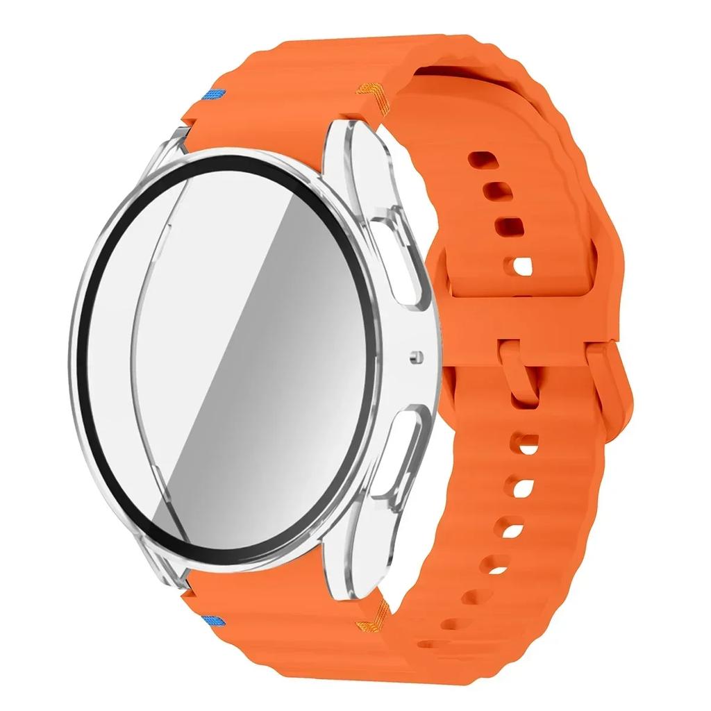 Чехол+Ремешок для Samsung Galaxy Watch 7 6 5 4 40мм 44мм Силиконовый Браслет Защитная Пленка для Экрана из Закаленного Стекла Бампер