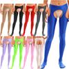 Womens Glossy Cutout Pantyhose Mid Waist Tights Crotchless Design Elastic Waistband Sheer Leggings Skinny Pants