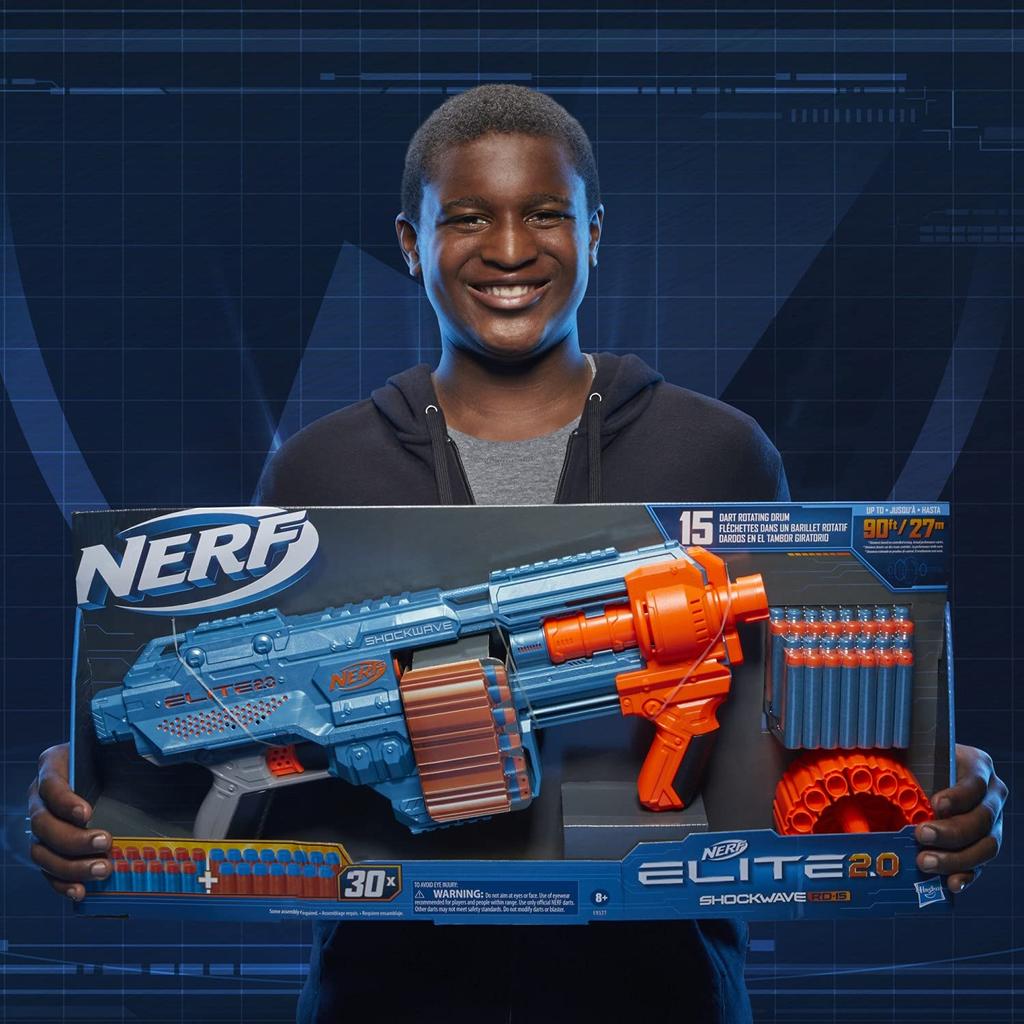 Ручной бластер Nerf Elite 2.0 Shockwave RD-15 поставляется с 30 официальными дротиками, оснащен 15-зарядным вращающимся барабаном для дротиков + тактическим рельсовым помповым механизмом Slam