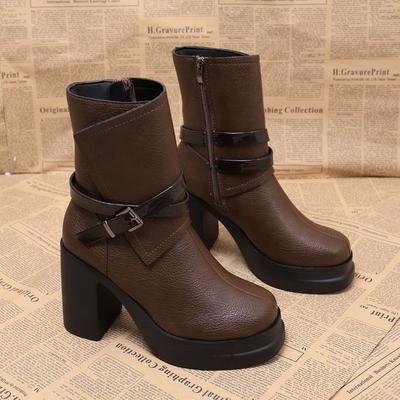 Женские ботильоны в стиле ретро с круглым носком, блочным каблуком, осенние новинки, супервысокий каблук, платформа, боковая молния, модные ботинки
