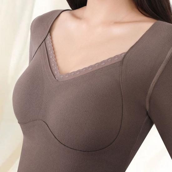 Women Thermal Tops Solid Color V-Neck Long Sleeve Velvet Lining Seamless Elastic Bottom Tops Winter Thermal Blouse