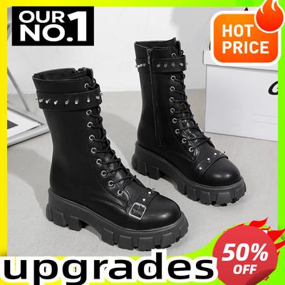 Осенняя обувь Женская танкетка до колена Модные женские высокие сапоги на молнии Женские высокие сапоги в английском стиле на платформе средней высоты с круглым носком