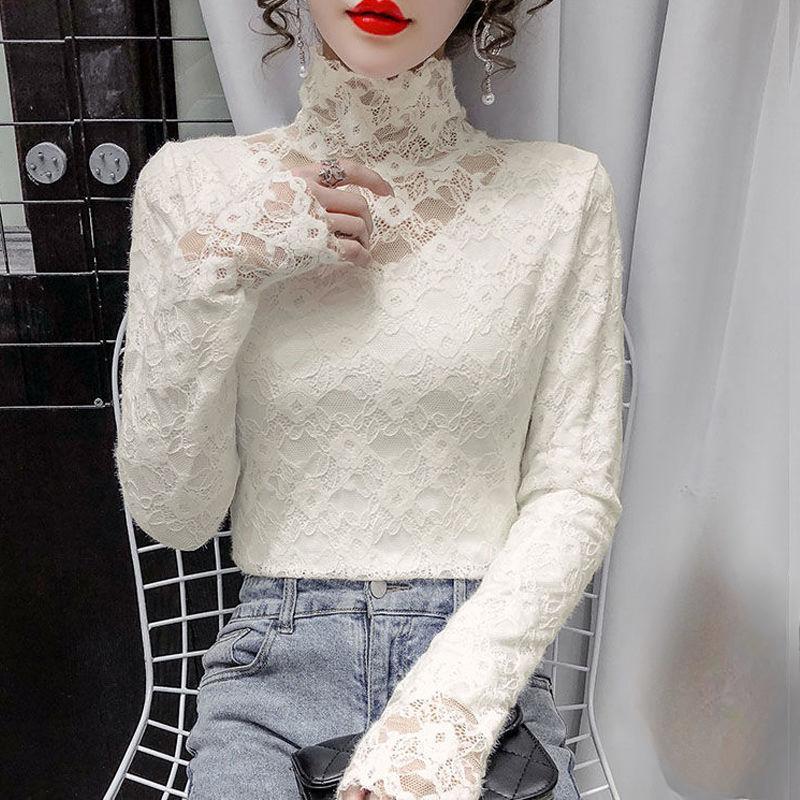 Модные женские топы больших размеров с высоким воротом и кружевом на бретельках, весна и осень, симпатичный однотонный топ-майка