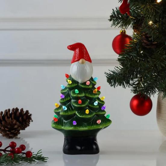 Lighted Christmas Gnome Tree Small Prelit Resin Christmas Tree with Multicolored Lights for Tabletop