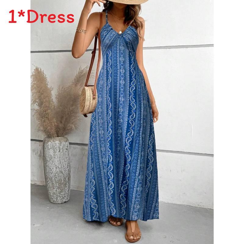 Summer Floral Print Sleeveless Maxi Dress With Zipper For Womens Beachwear