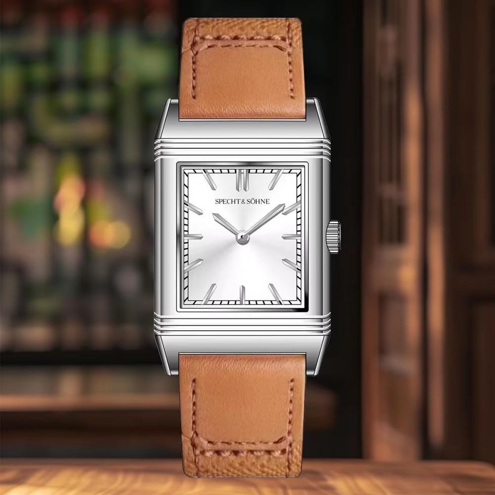 New Specht & Söhne Square Watch For Men Overturn Casebody Genuine Leather Brown Color Sapphire Crystal Waterproof