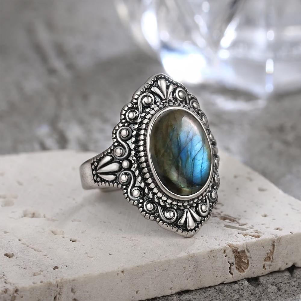 Винтажное Серебряное Кольцо Овальное Натуральный Лабрадорит Кольца На Палец Ретро Черный Оникс Тонкие Ювелирные Изделия Вечеринка Для Женщин Мужчин