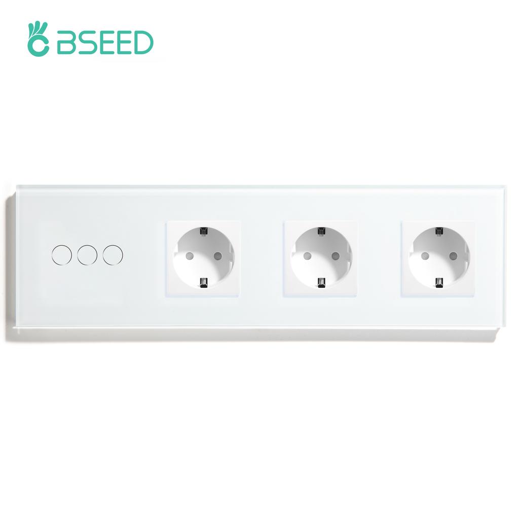 BSEED 1/2/3-клавишный сенсорный выключатель света 1/2/3-сторонний сенсорный выключатель для лестницы плюс настенная розетка, стандарт ЕС, стеклянная панель, синяя подсветка, 10А