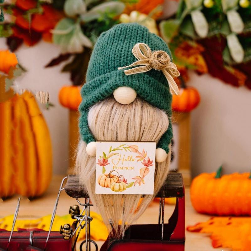 Autumn Bow Knitted Hat, Wooden Plaque, Faceless Doll, Festival Decoration Doll, 1 Piece