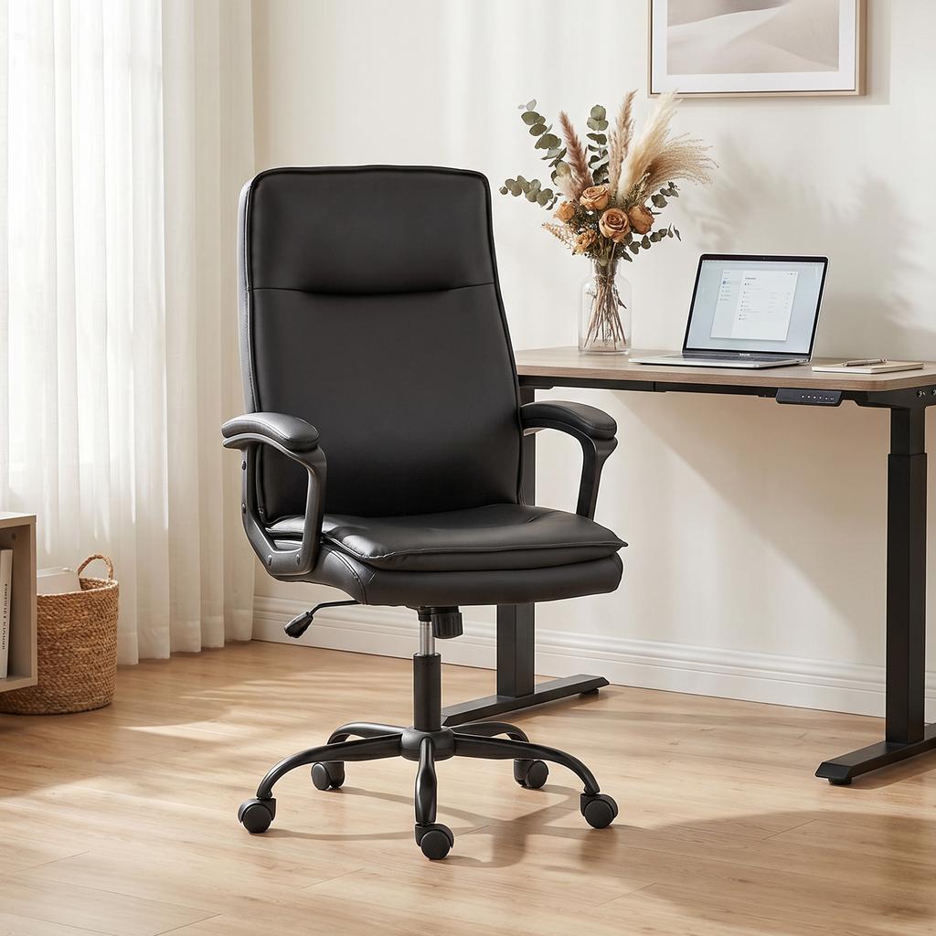 Ergonomic Office Chair Pu Office Chair Adjustable Height Rocking Function 360 Swivel Black