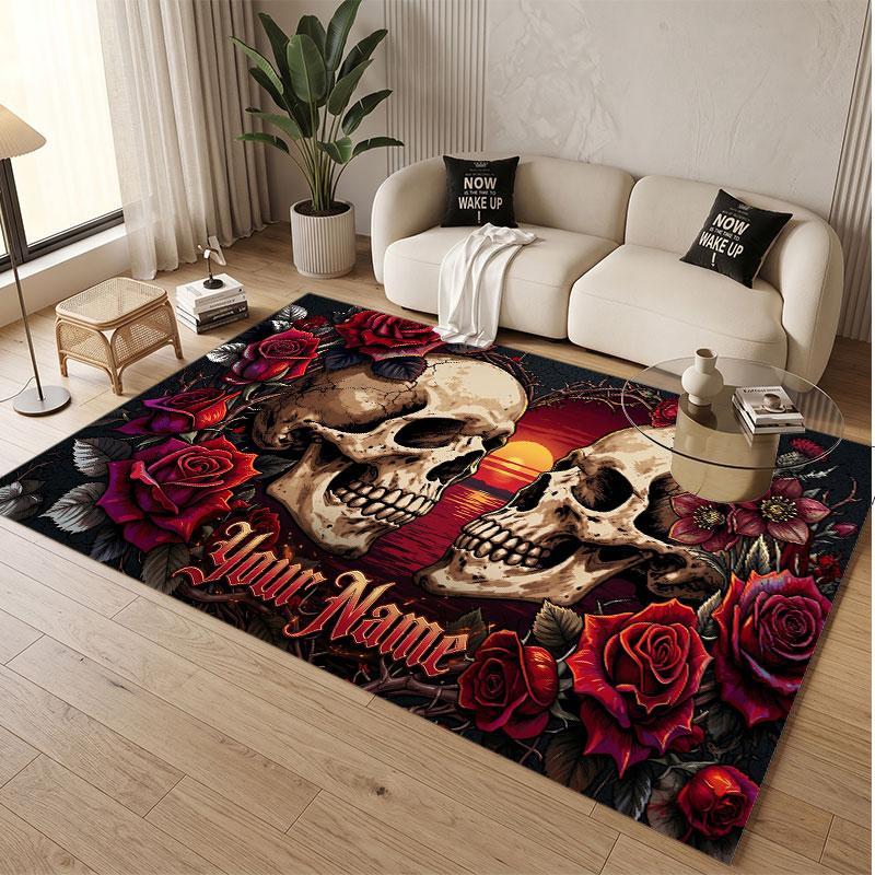 Skull Gothic Theme Soft Crystal Velvet Rug Custom Name & Text Print Non Slip Floor Rug for Bedroom Living Room