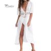 Women Solid Color Hollow Smock Long Bikini Cover Up Lacing Cardigan Beachwear