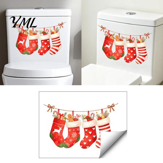Easy Peel And Stick Decals Christmas Stocking Toilet Stickers, Waterproof PVC Bathroom for Holiday Home Winter Accessories Decoration, Red Watercolor