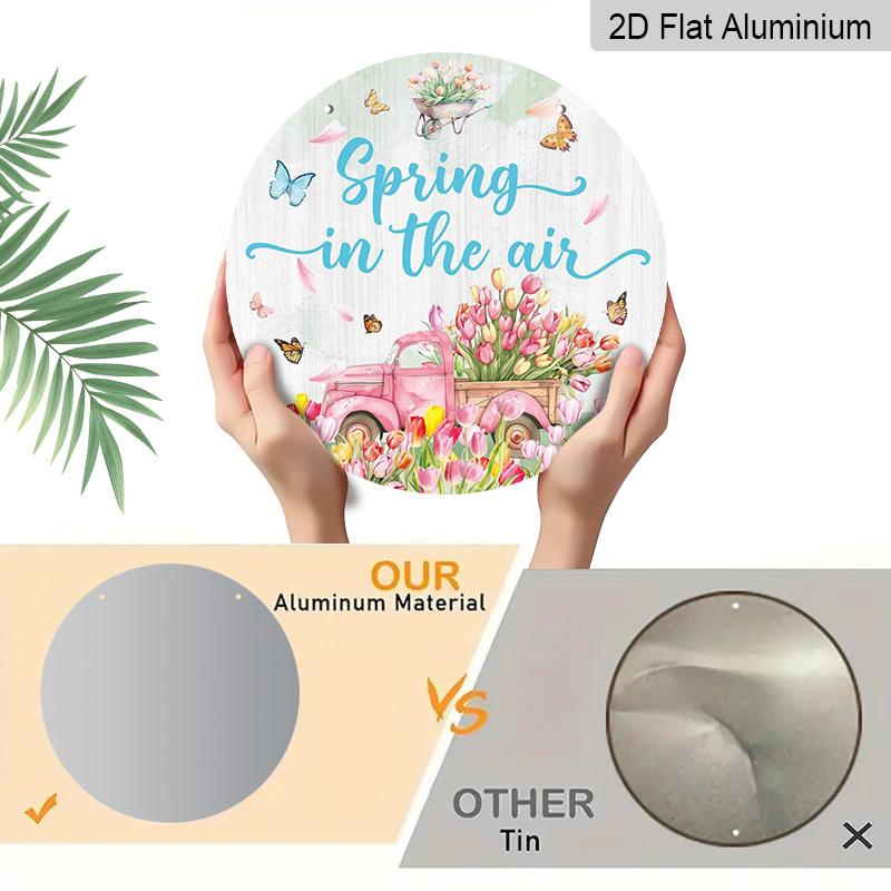 2D Flat, 1pc Round Aluminum "Spring in the Air" Sign, Pink Truck & Tulip Watercolor Metal Wall Art, Butterfly Floral Design, Waterproof & Durable