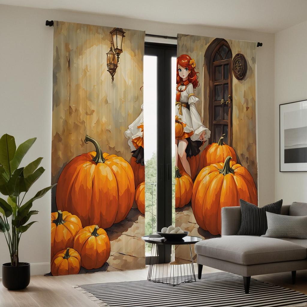 2 шт. HD Занавеска для задней комнаты с изображением тыквы и девочки из мультфильма Желтая завязка с цифровым принтом для украшения дома в стиле гостиной