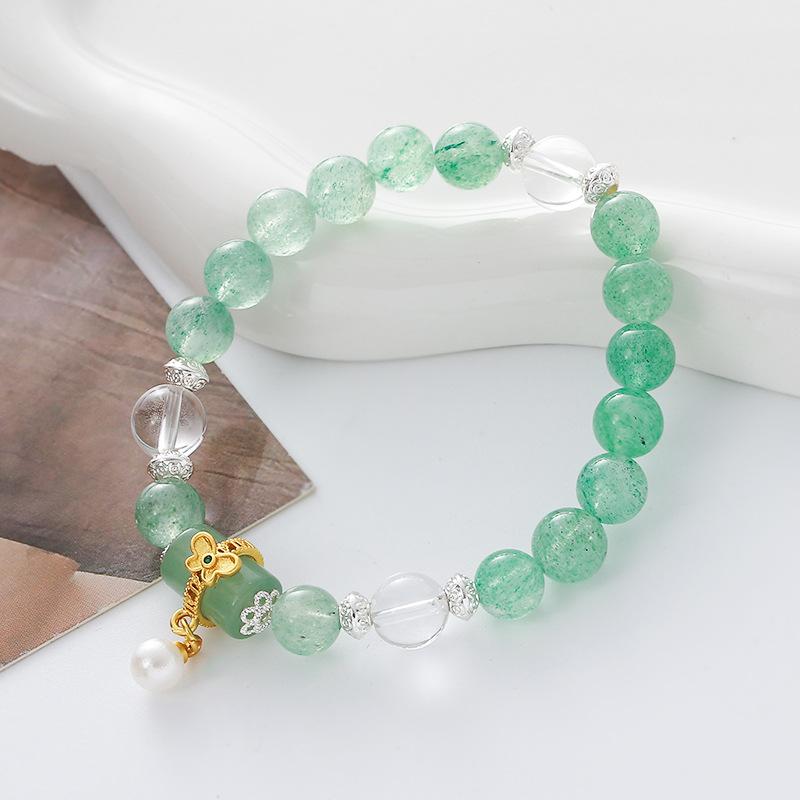 Natural Green Quartz Bead Bracelet for Women Retro Gold Plated Flower Pendant