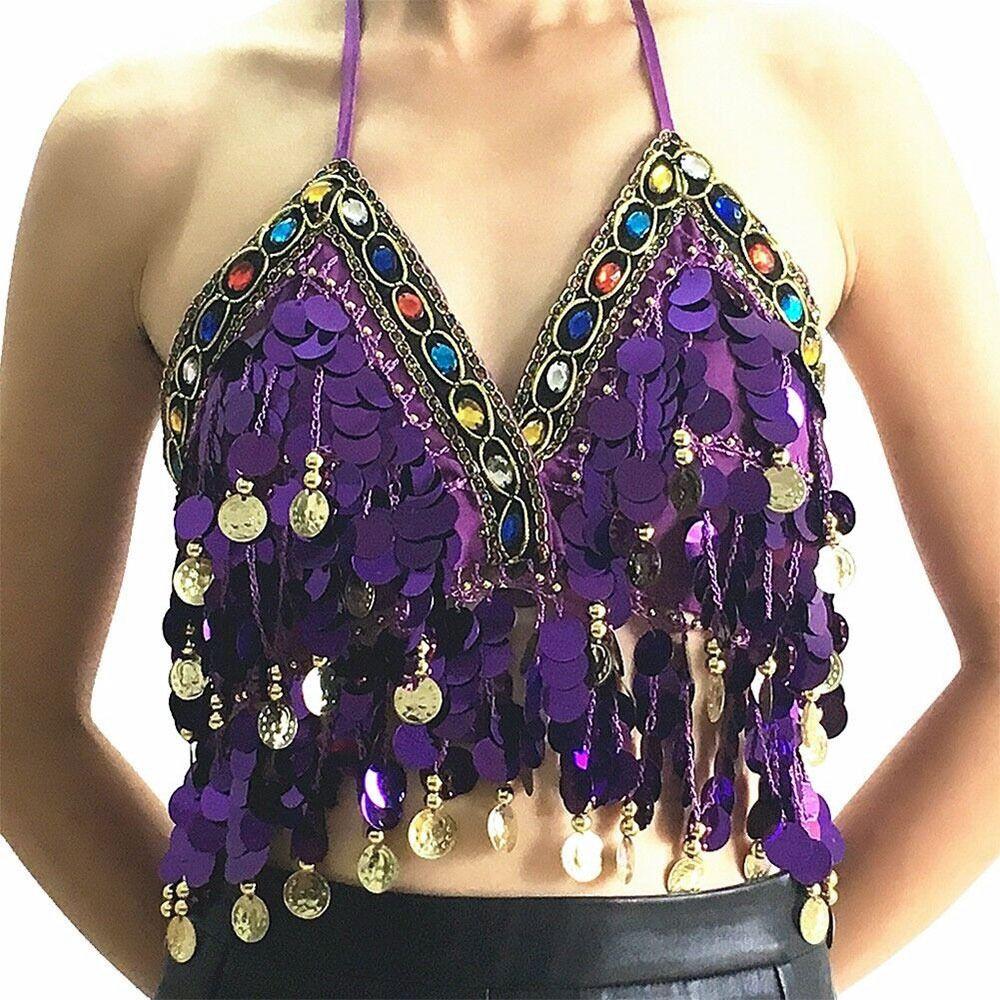 Nightclub Tassel Sequin Show Costumes Halter Bra Performance Top Belly Dance Bra