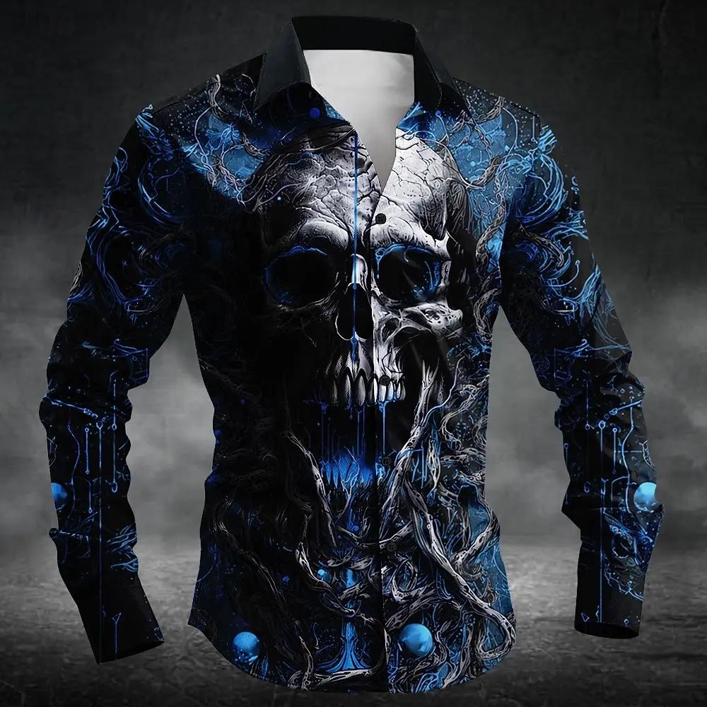 Gothic Skull Graphic Button-Up Long Sleeve Shirt, Fashion Essential